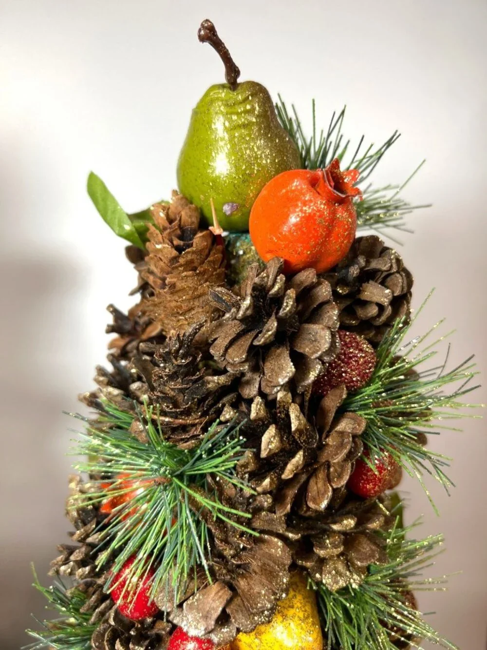 Holiday Centerpiece Pinecone & Faux Fruit Tree Glitter Accents Set Of 2 17.5'' T